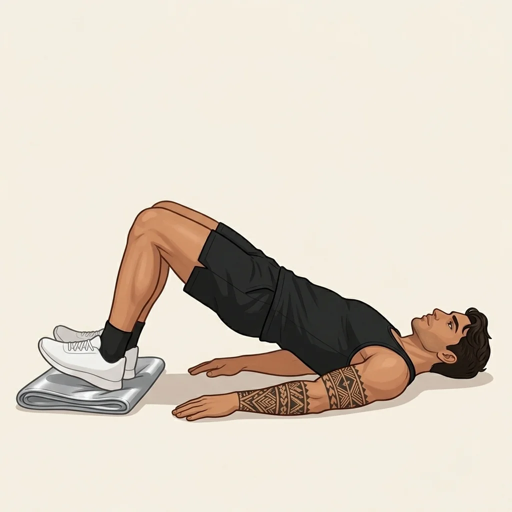 Curl femoral con toalla: ilustración de la técnica (hombre)
