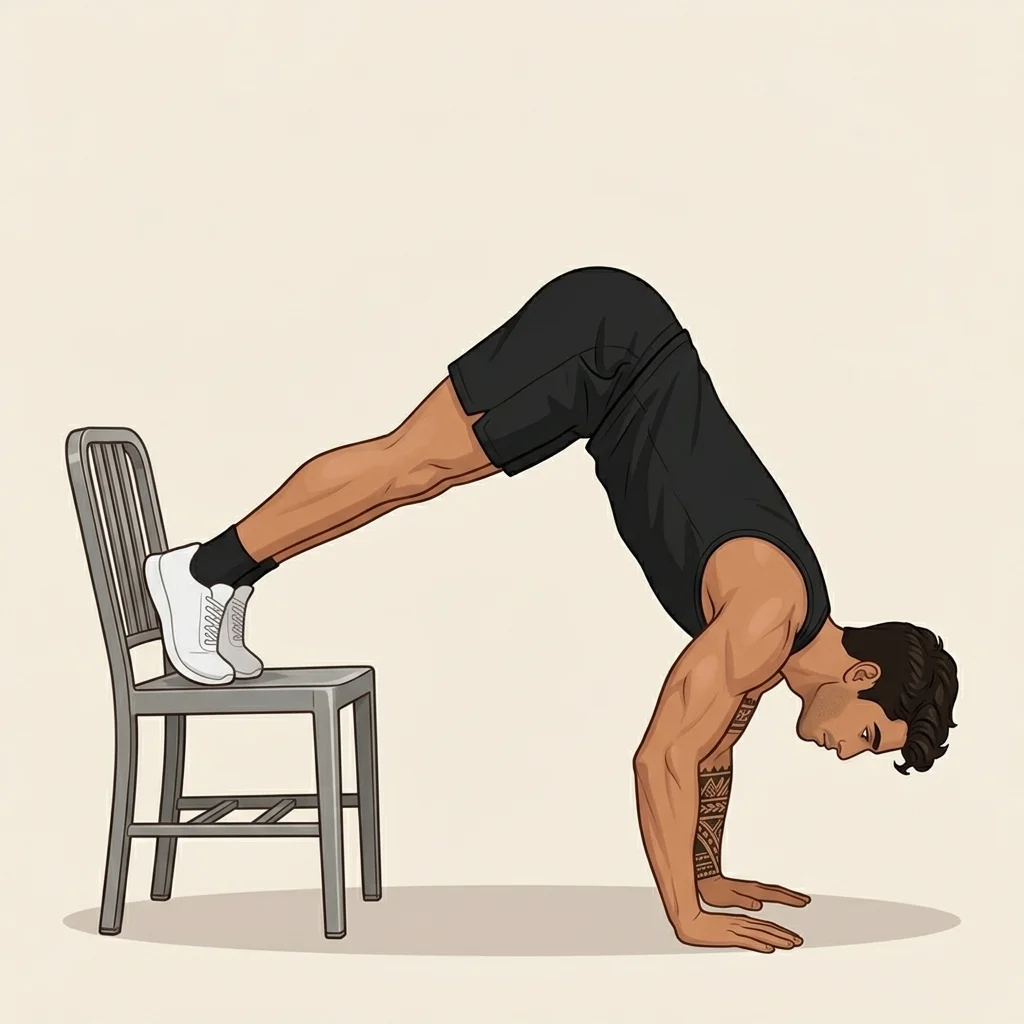 Flexión pica con pies en silla: ilustración de la técnica (hombre)