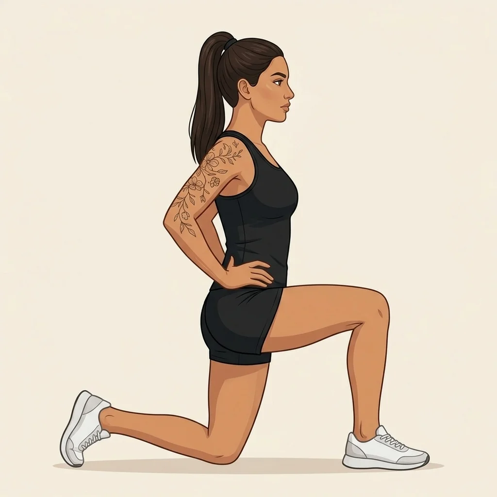 Estiramiento de flexor de cadera: ilustración de la técnica (mujer)