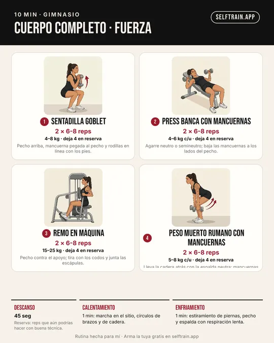Tarjeta ilustrada: rutina de 10 minutos de fuerza en el gimnasio, nivel principiante