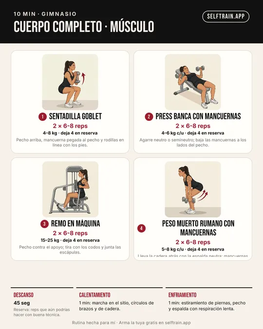 Tarjeta ilustrada: rutina de 10 minutos para ganar músculo en el gimnasio, nivel principiante