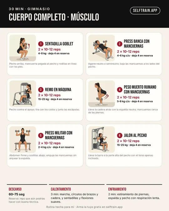Tarjeta ilustrada: rutina de 30 minutos para ganar músculo en el gimnasio, nivel principiante