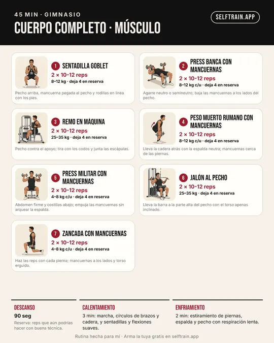 Tarjeta ilustrada: rutina de 45 minutos para ganar músculo en el gimnasio, nivel principiante