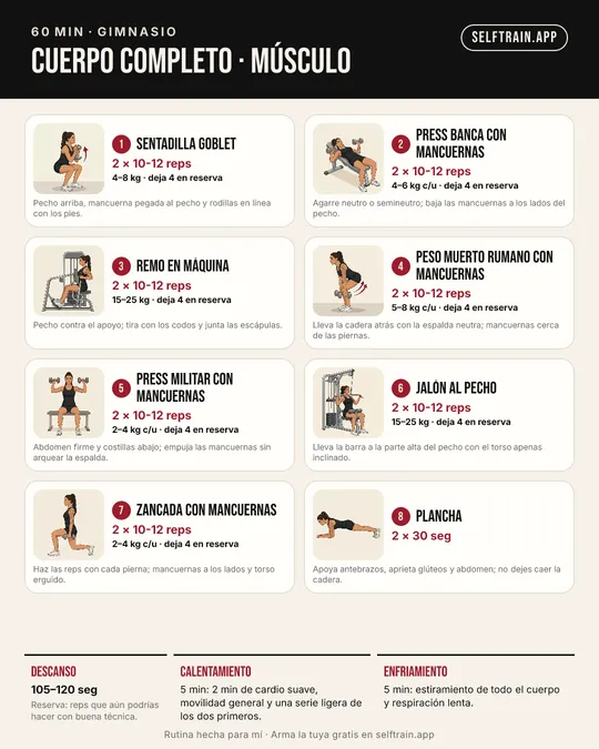 Tarjeta ilustrada: rutina de 60 minutos para ganar músculo en el gimnasio, nivel principiante