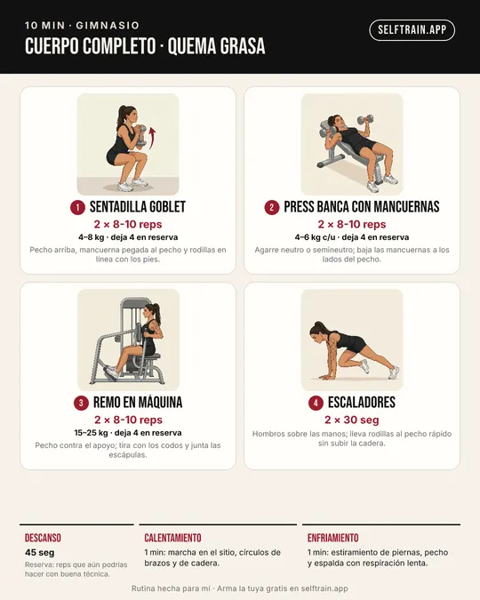 Tarjeta ilustrada: rutina de 10 minutos para perder grasa en el gimnasio, nivel principiante