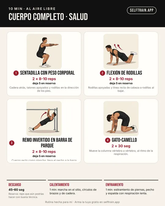 Tarjeta ilustrada: rutina de 10 minutos de salud y movilidad al aire libre, nivel principiante