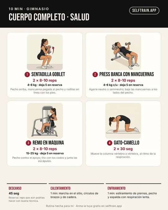 Tarjeta ilustrada: rutina de 10 minutos de salud y movilidad en el gimnasio, nivel principiante