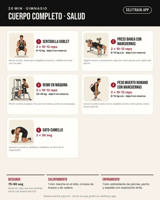Tarjeta ilustrada: rutina de 20 minutos de salud y movilidad en el gimnasio, nivel principiante