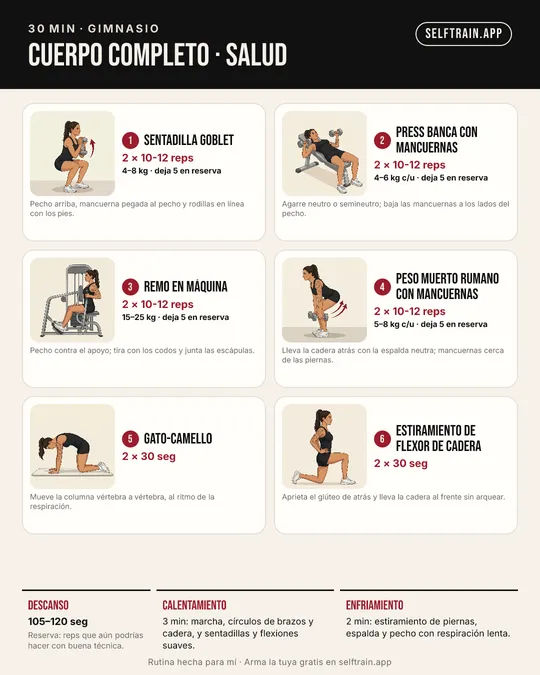 Tarjeta ilustrada: rutina de 30 minutos de salud y movilidad en el gimnasio, nivel principiante