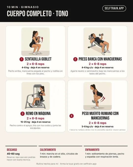 Tarjeta ilustrada: rutina de 10 minutos para tonificar en el gimnasio, nivel principiante